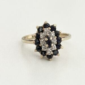 Vintage 10K Yellow Gold Sapphire & Diamond Halo Cluster Ladies Band Ring Size 6